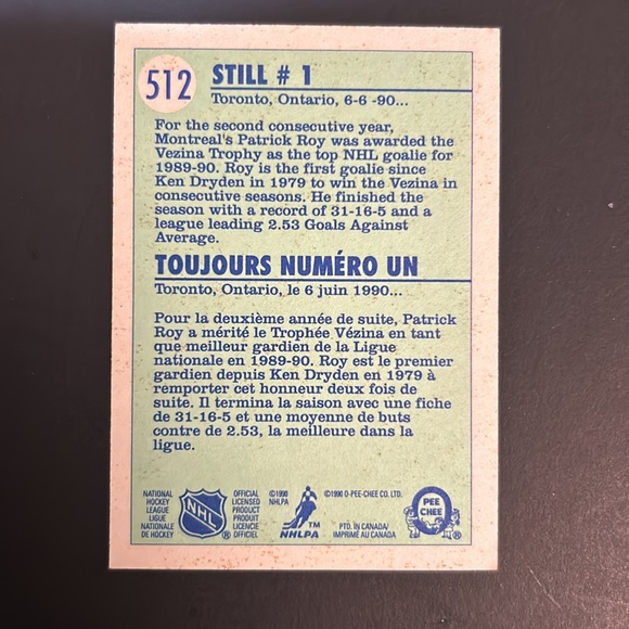 🏒3/$12. Bundle & Save. Patrick Roy. 1990 O-Pee-Chee. Card # 512 - Picture 2 of 2